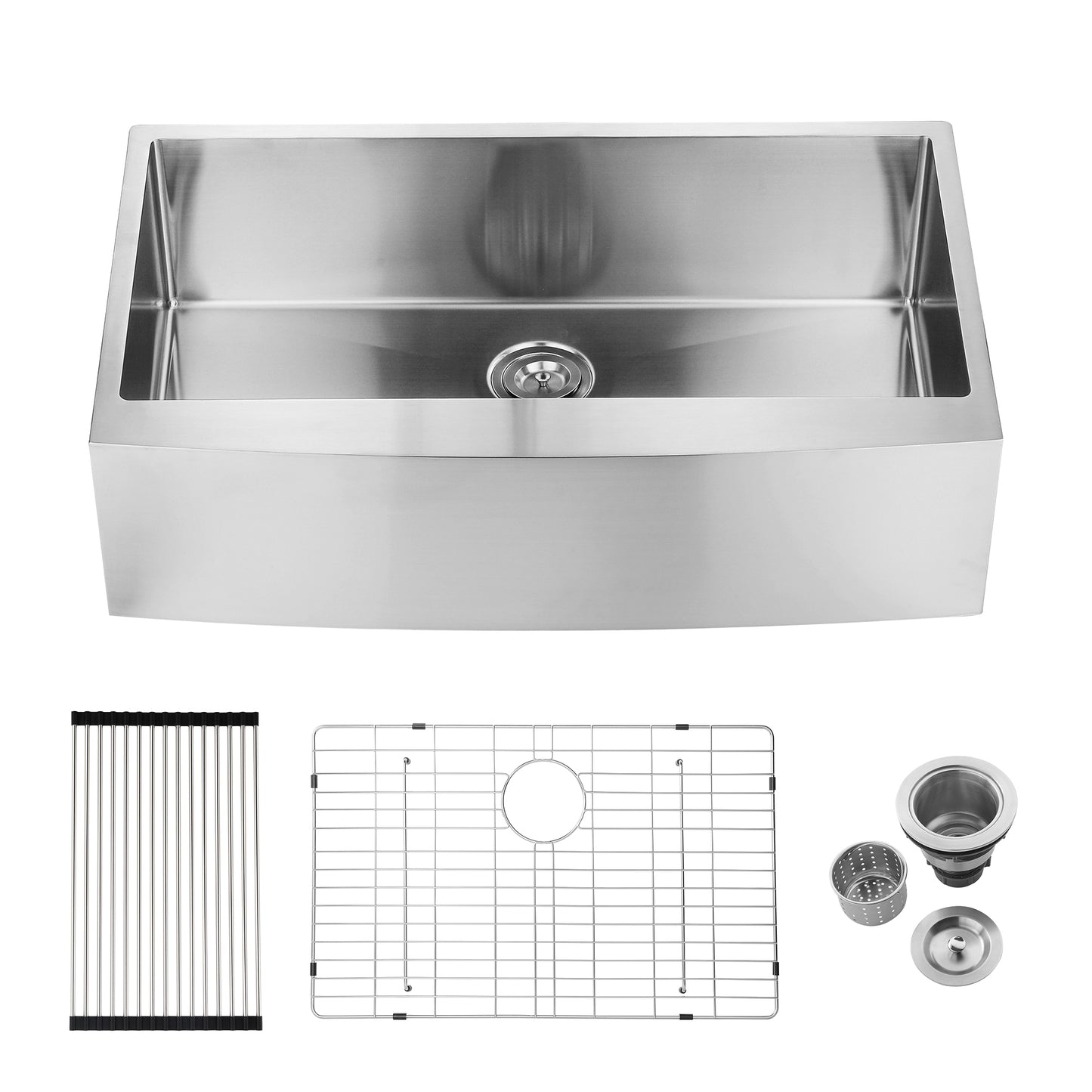 Stainless steel farmhouse sink with curved apron front and included drain assembly