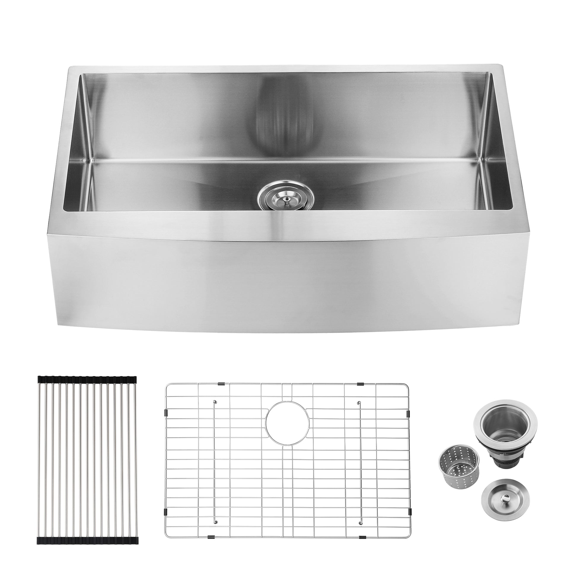 Stainless steel farmhouse sink with curved apron front and included drain assembly