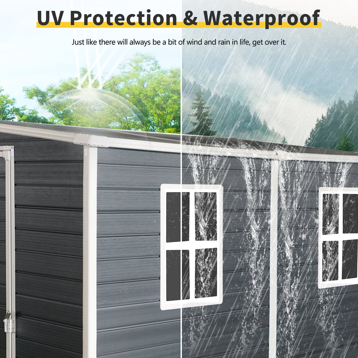 Gray outdoor shed demonstrating UV protection with sun rays and waterproof capabilities in heavy rain
