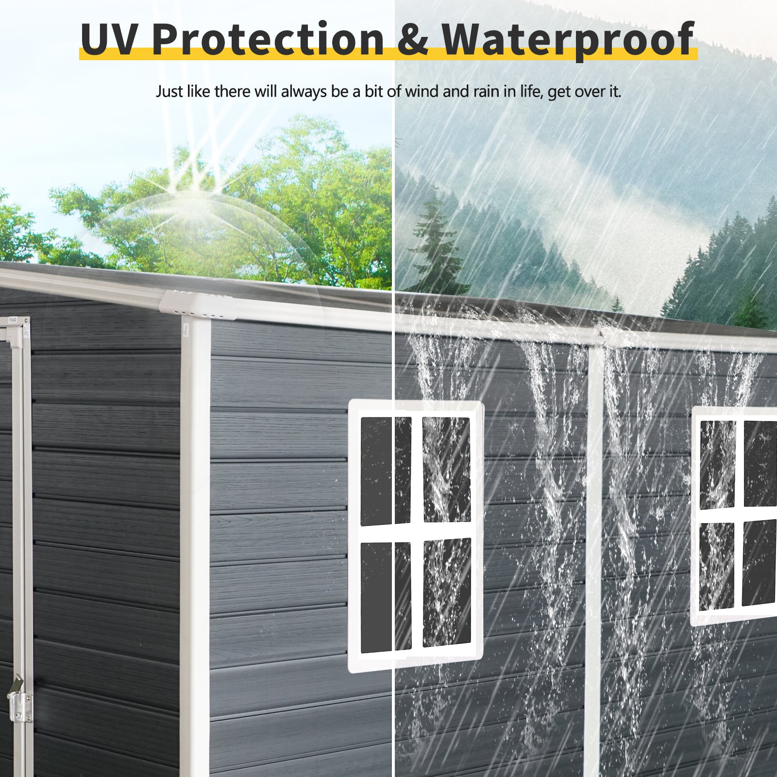 Gray outdoor shed demonstrating UV protection with sun rays and waterproof capabilities in heavy rain