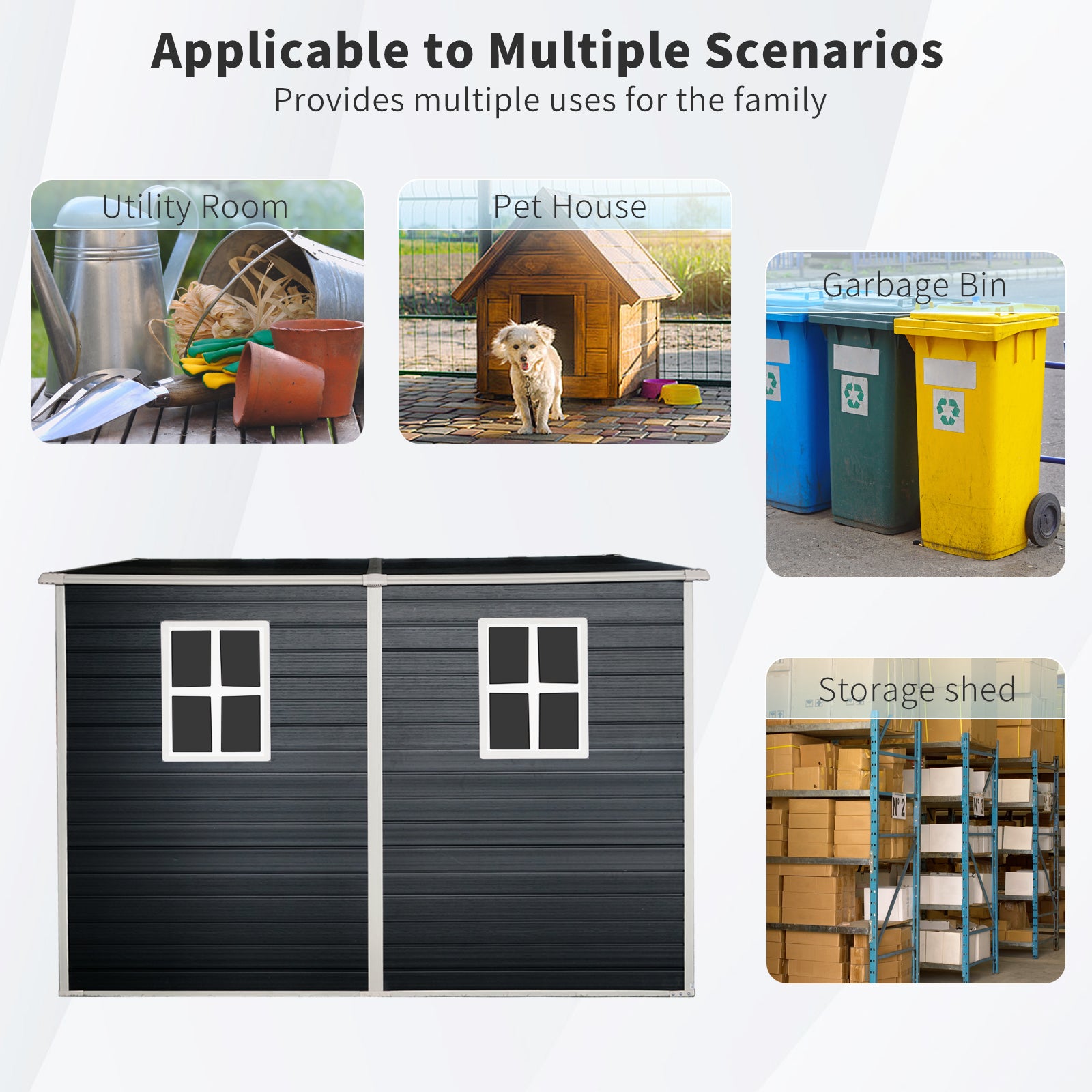 Dark gray outdoor storage shed with two whiteframed windows offering ample space for garden tools