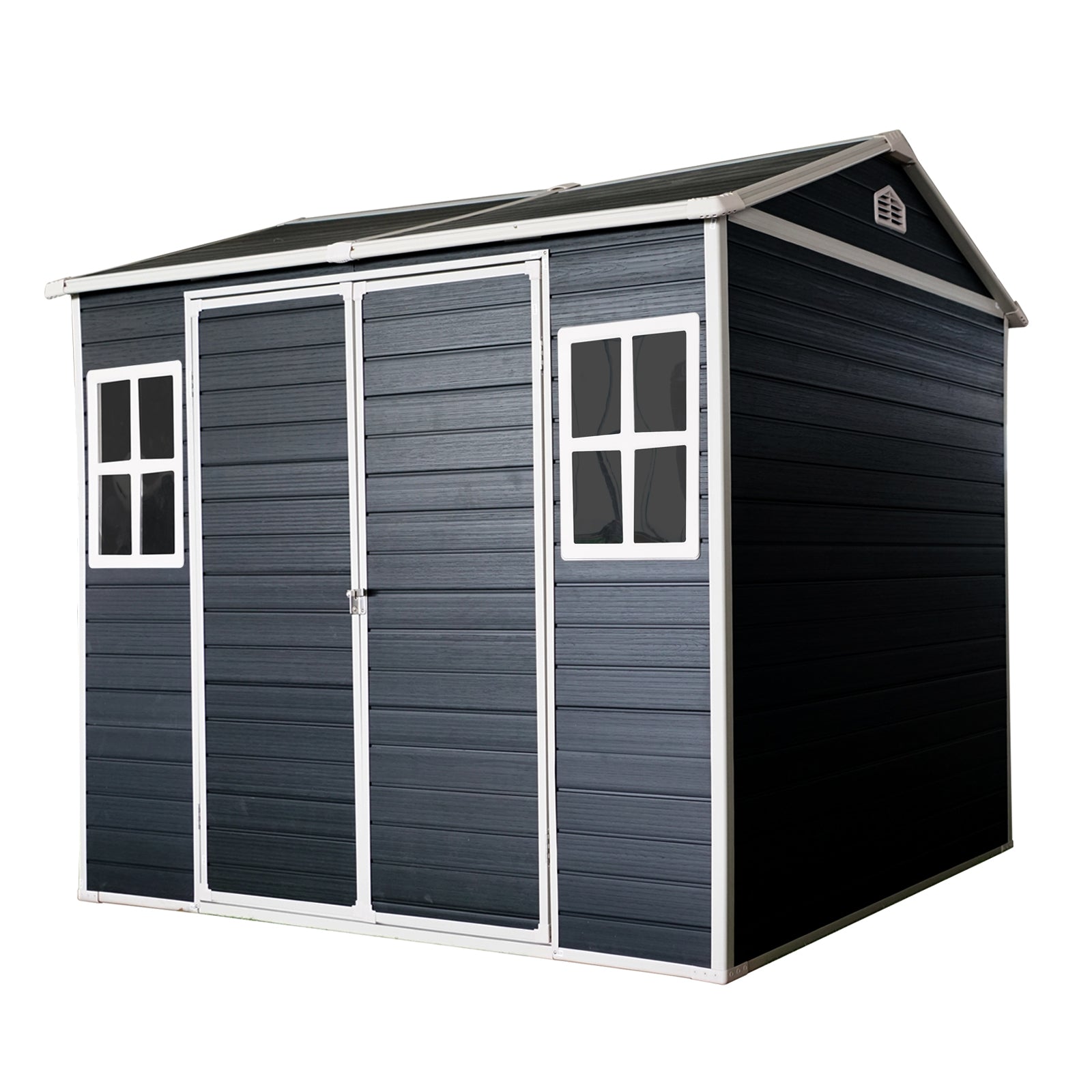 Dark grey modern garden shed with double doors and two windows