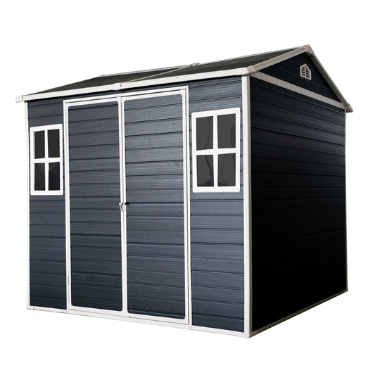 Dark grey modern garden shed with double doors and two windows