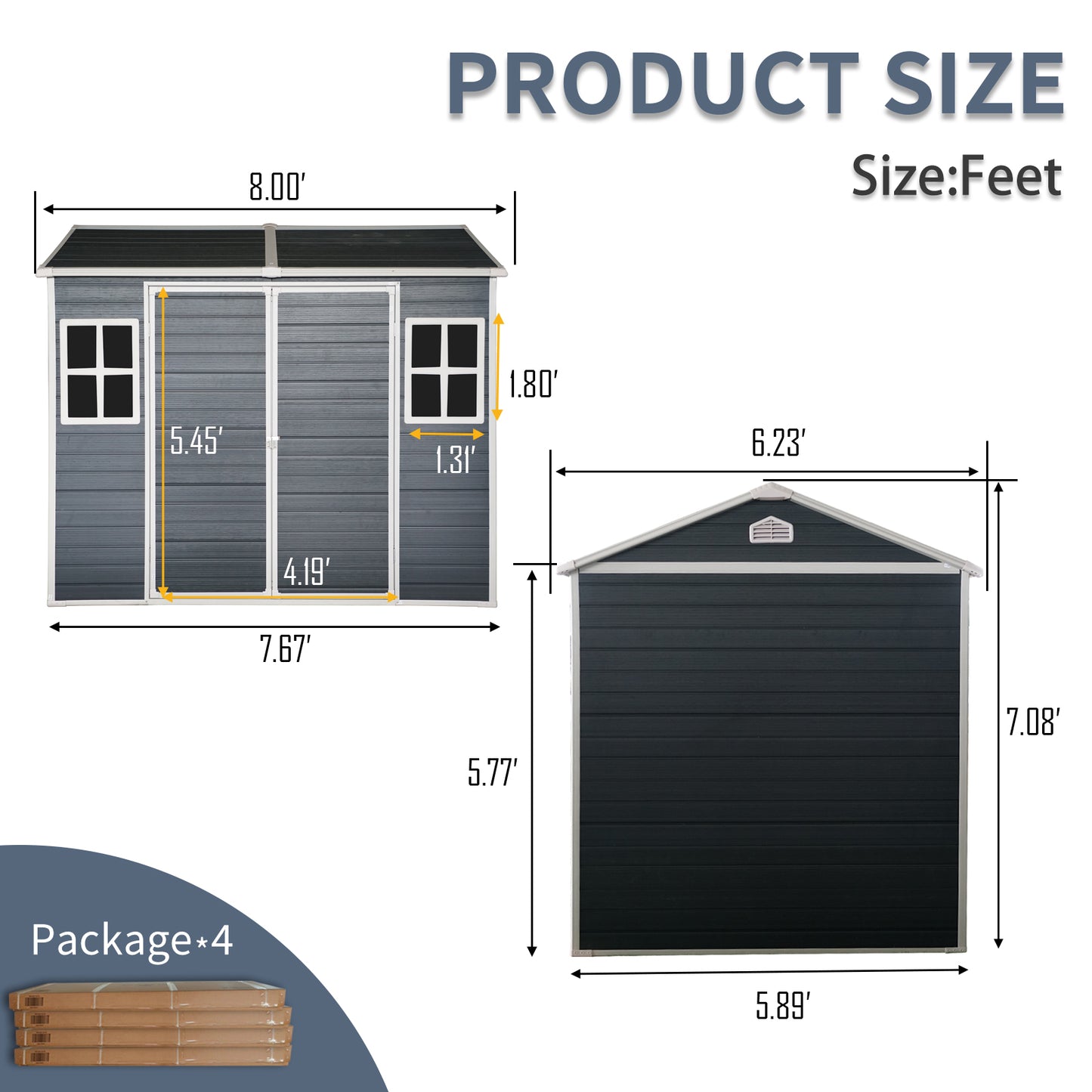 Gray metal storage shed front view W x H double doors two H windows