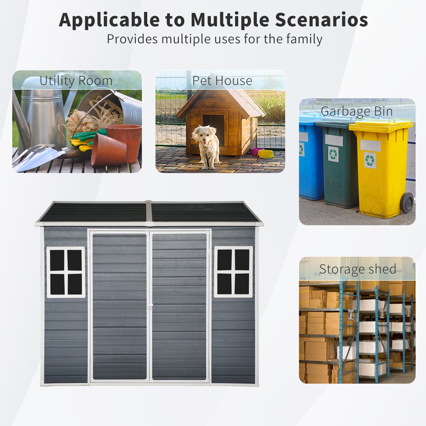 Gray wooden storage shed with double doors and two windows ideal for garden organization