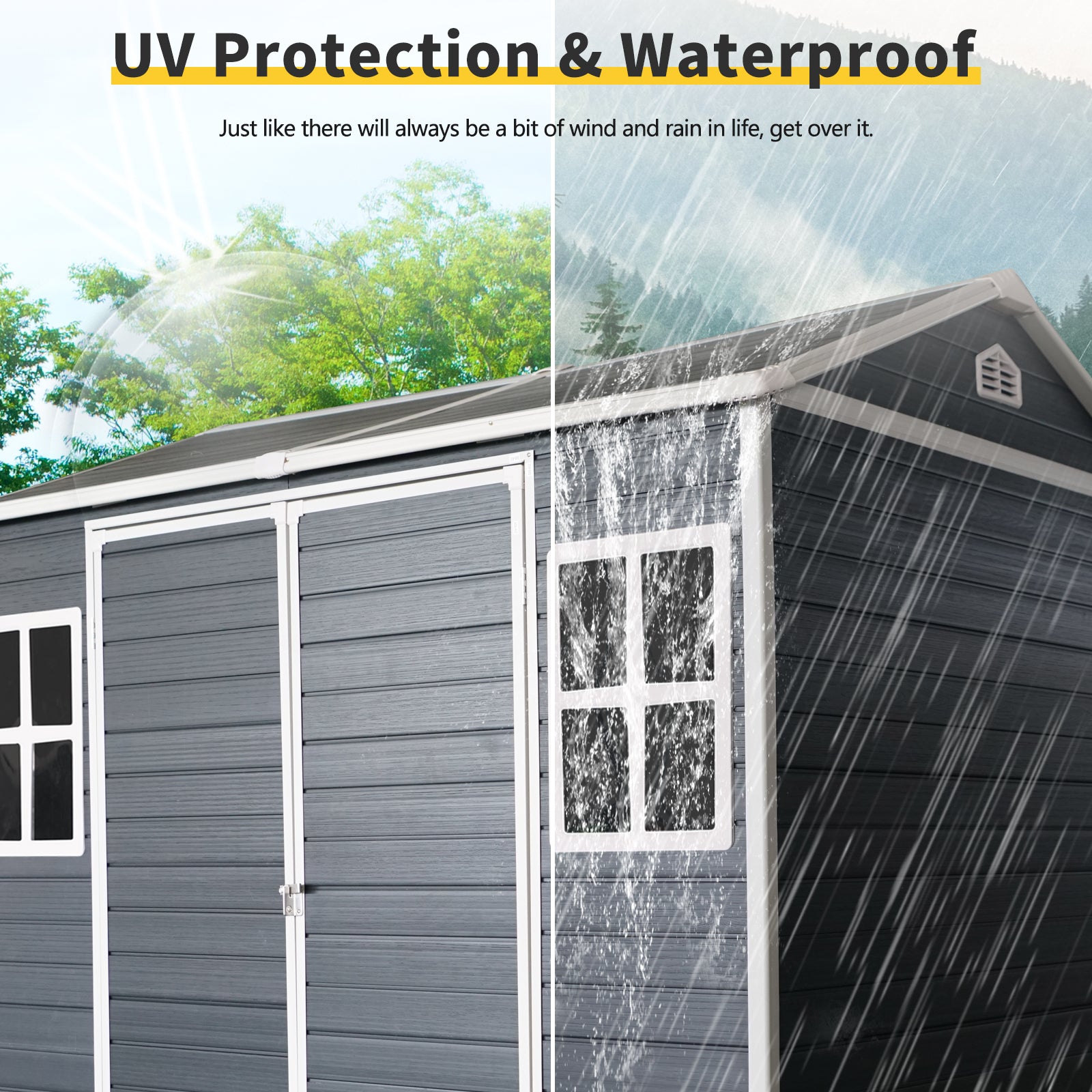 Durable dark grey garden shed with UV protection and waterproof features