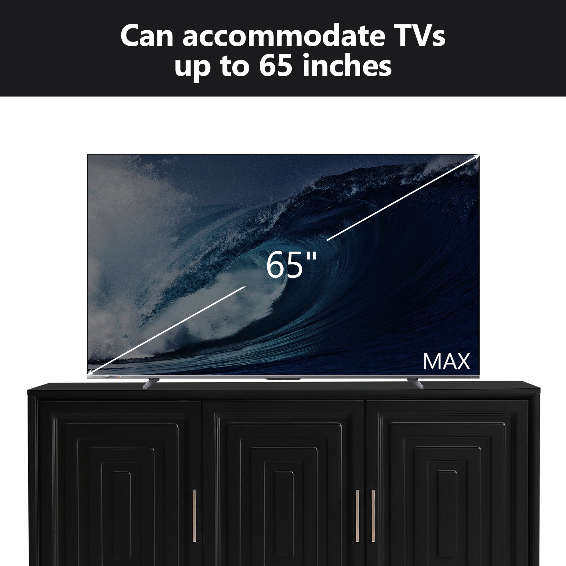 Black media console with decorative paneling accommodating TVs up to  inches