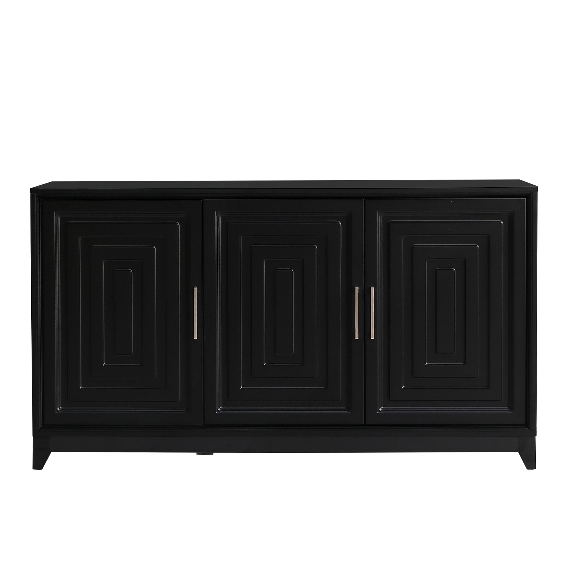 Black contemporary sideboard with recessed panel doors and silver hardware