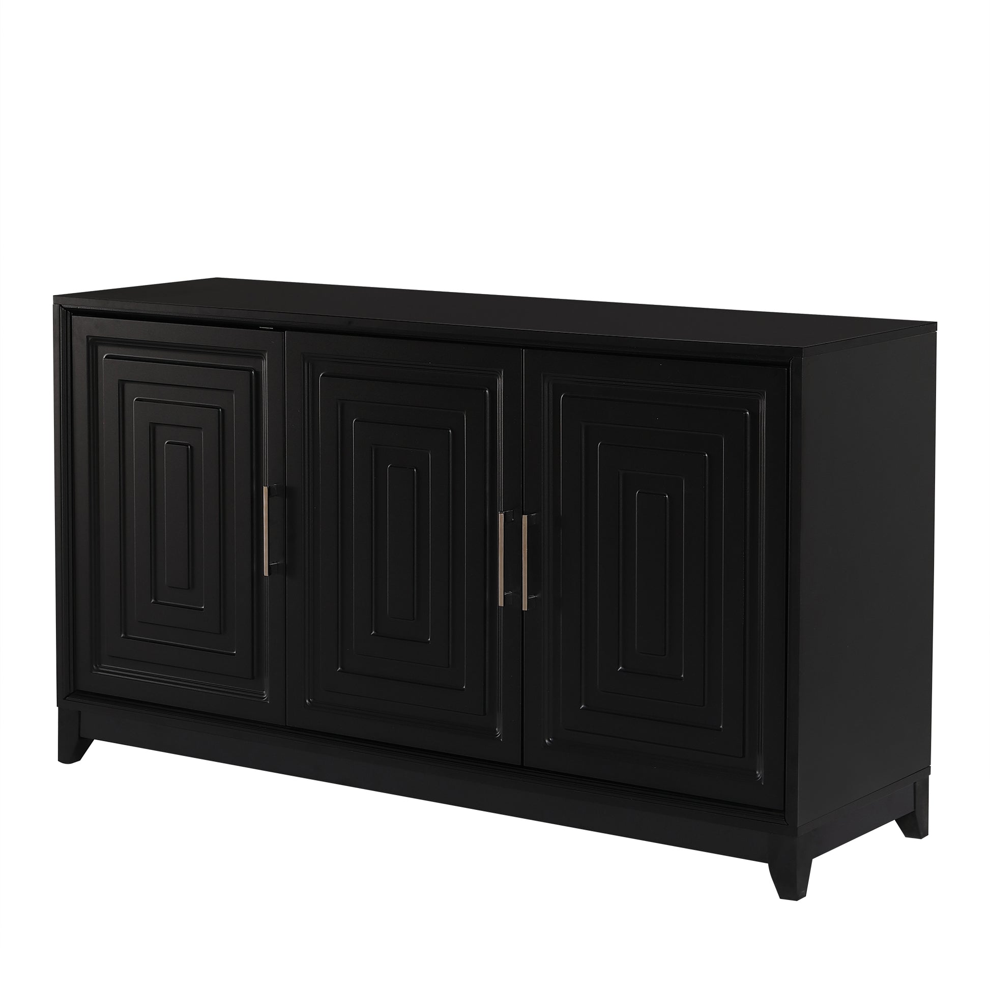 Black wood sideboard with geometric door panel design and brushed metal handles