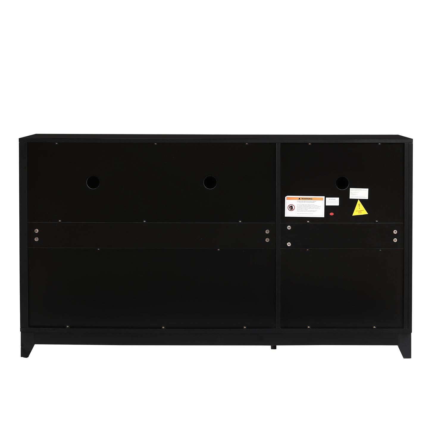 Back view of a black minimalist media console with cable management holes