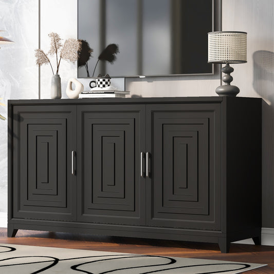 Dark gray threedoor sideboard with geometric inlay design and silver handles