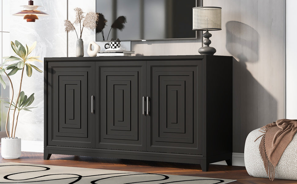 Modern black sideboard with three doors and geometric panel design