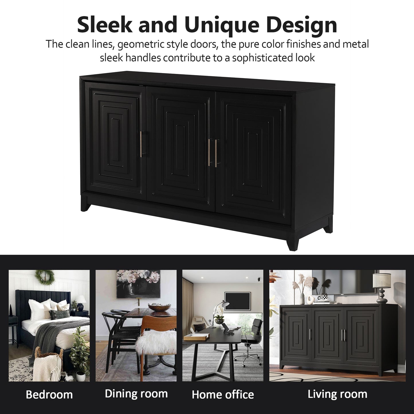 Black sideboard with geometric door design and brushed nickel handles