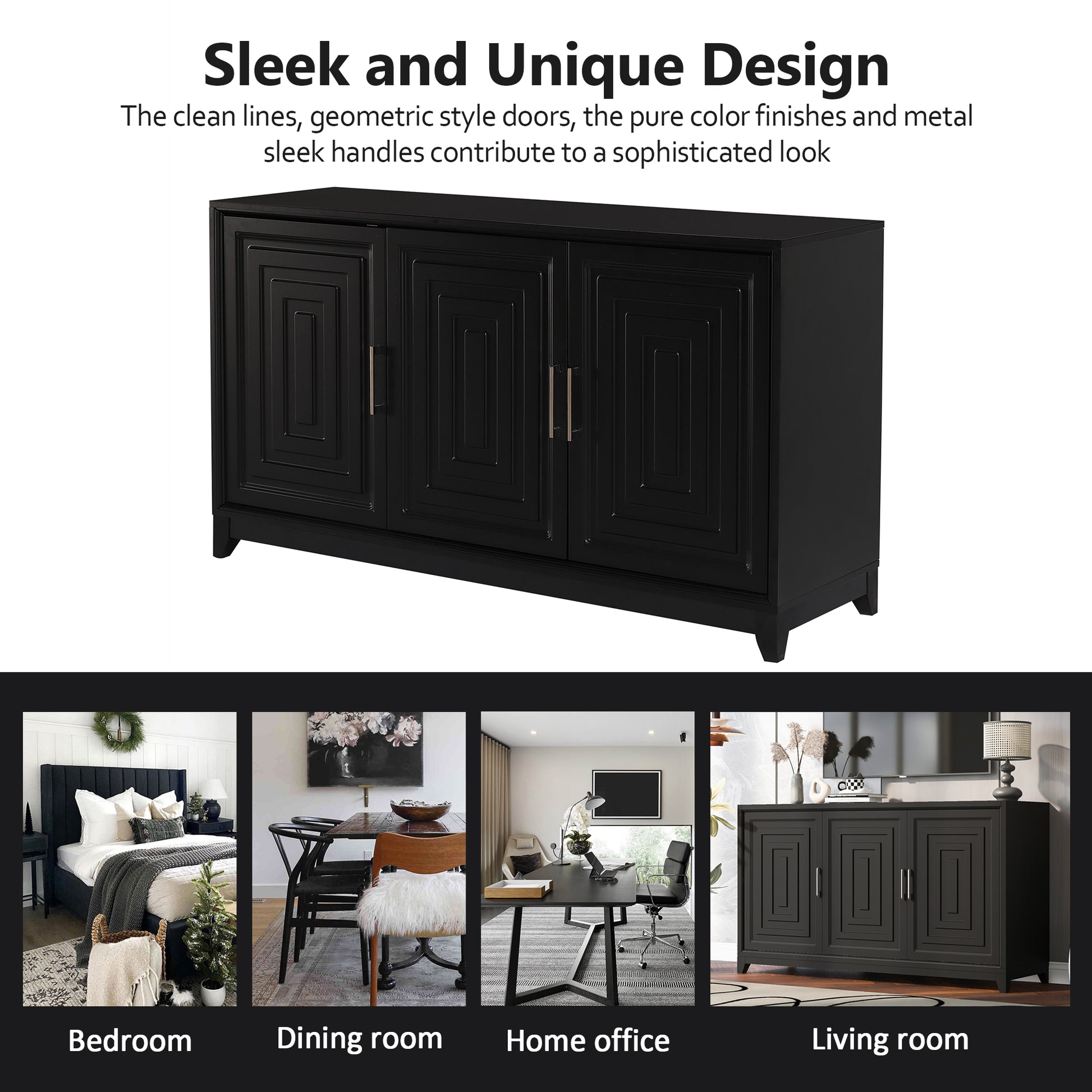 Black sideboard with geometric door design and brushed nickel handles
