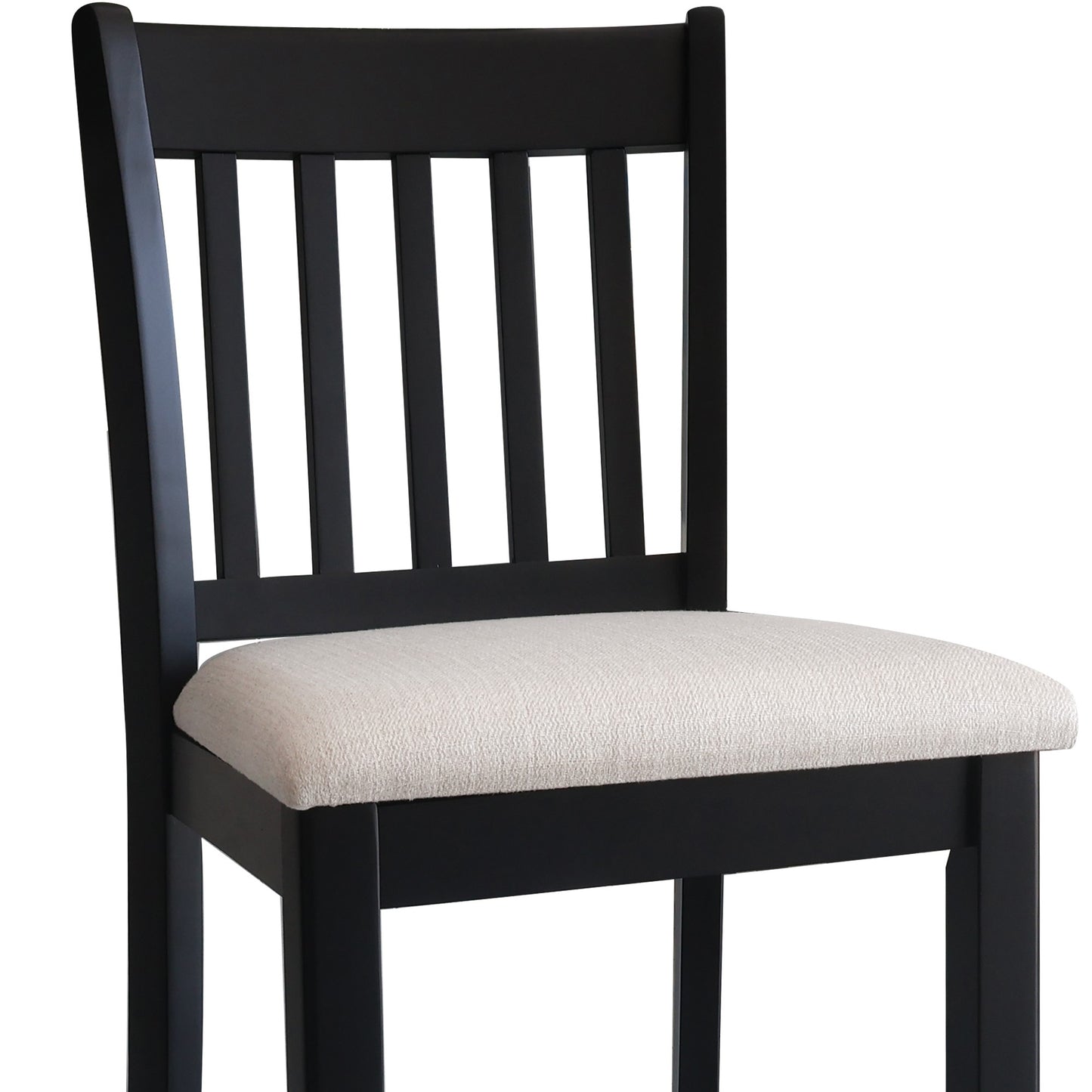 Black wooden dining chair with a textured cream upholstered seat and slatted back