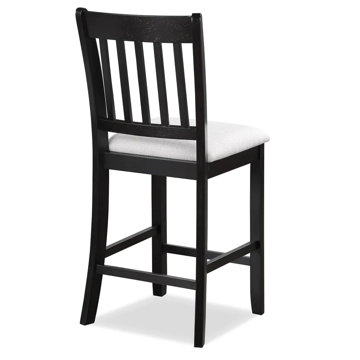 Black wooden bar stool with a light gray upholstered seat and slatted back