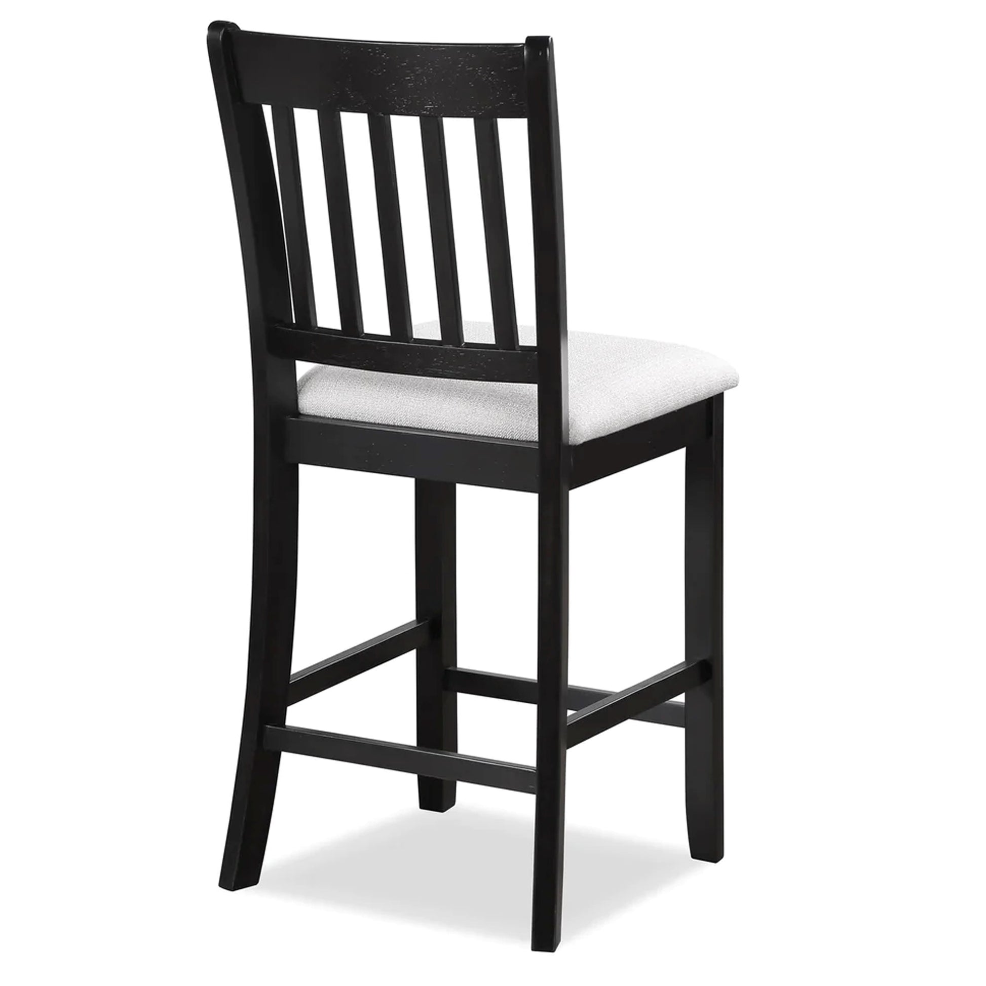 Black wooden bar stool with a light gray upholstered seat and slatted back