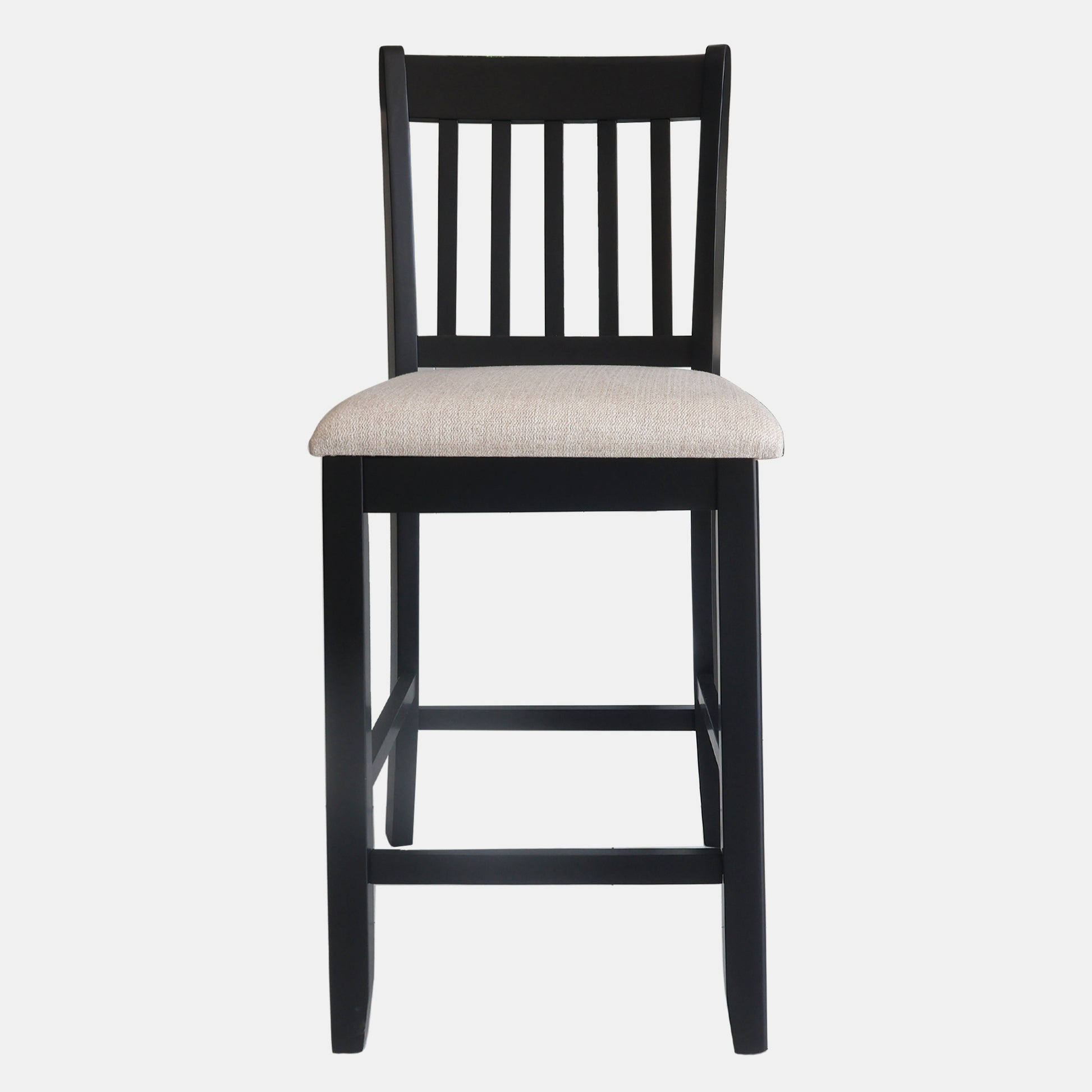 Black wooden bar stool with a textured beige upholstered seat and slatted back