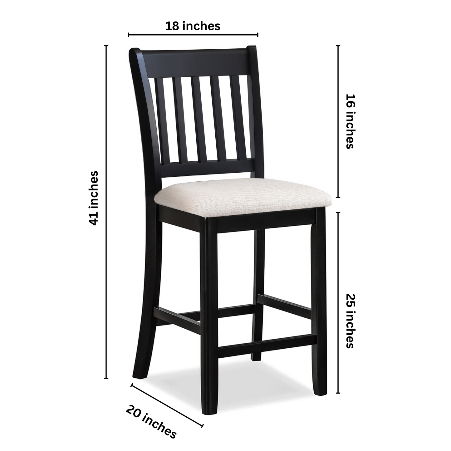 Black wooden bar stool with upholstered seat and slatted back  inches tall