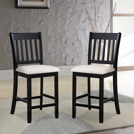 Two black wooden bar stools with white fabric seats perfect for kitchen islands