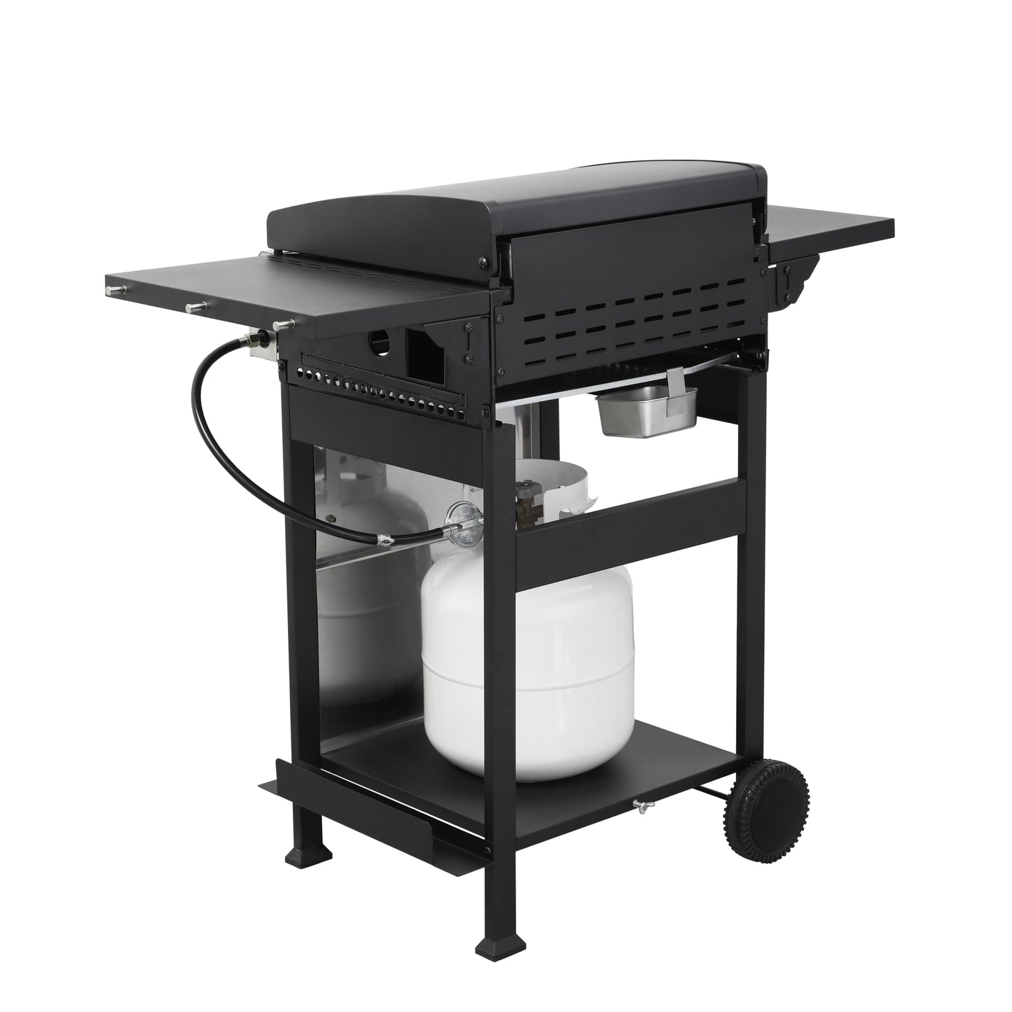 Black portable gas grill with side shelves and two propane tanks on cart