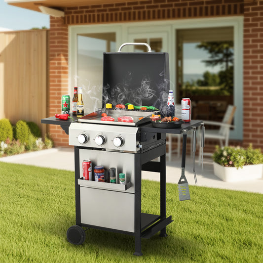 Stainless steel burner gas grill with lid open cooking steak and skewers