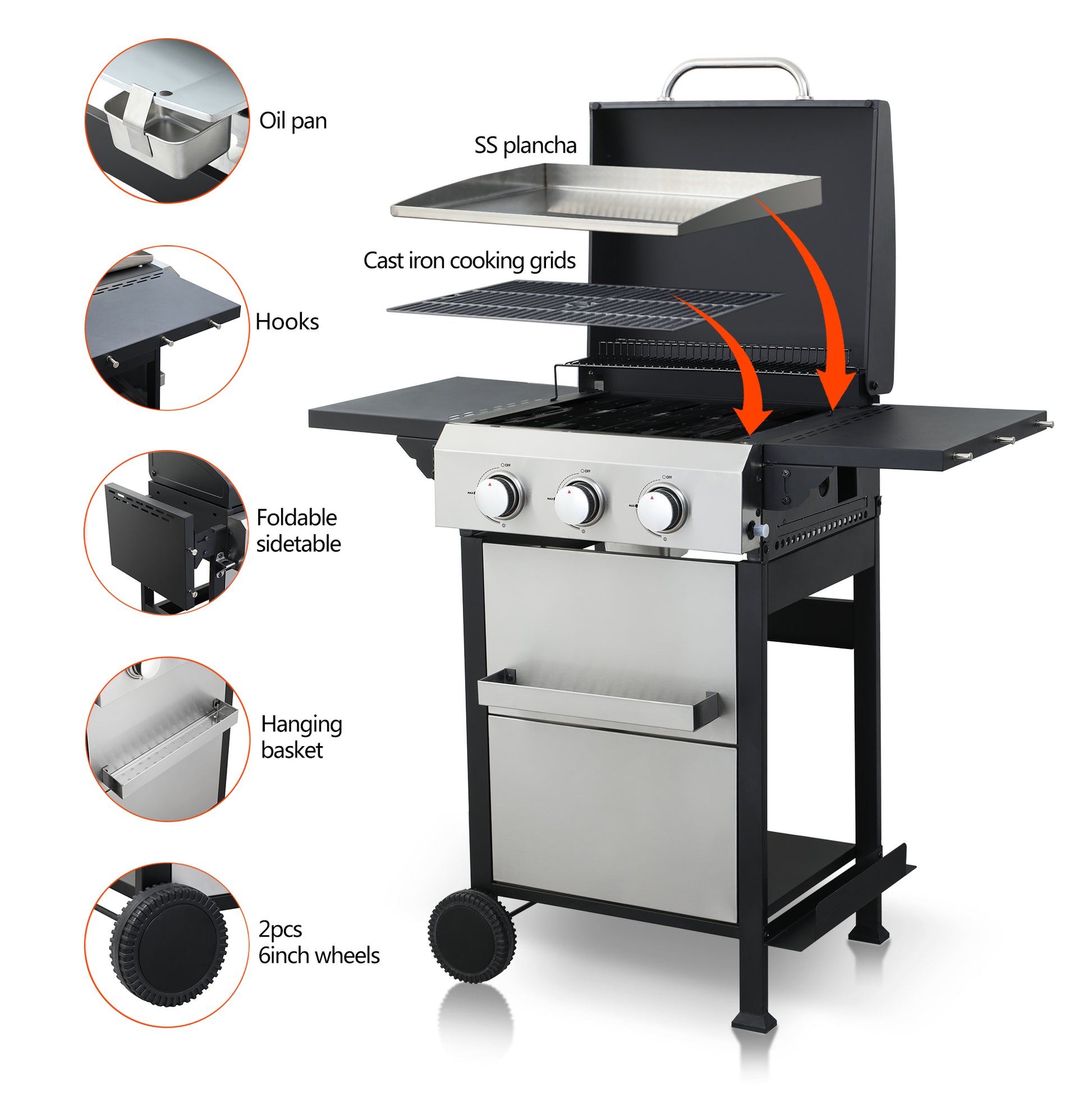 Gas grill with SS plancha and cast iron cooking grids for versatile outdoor cooking