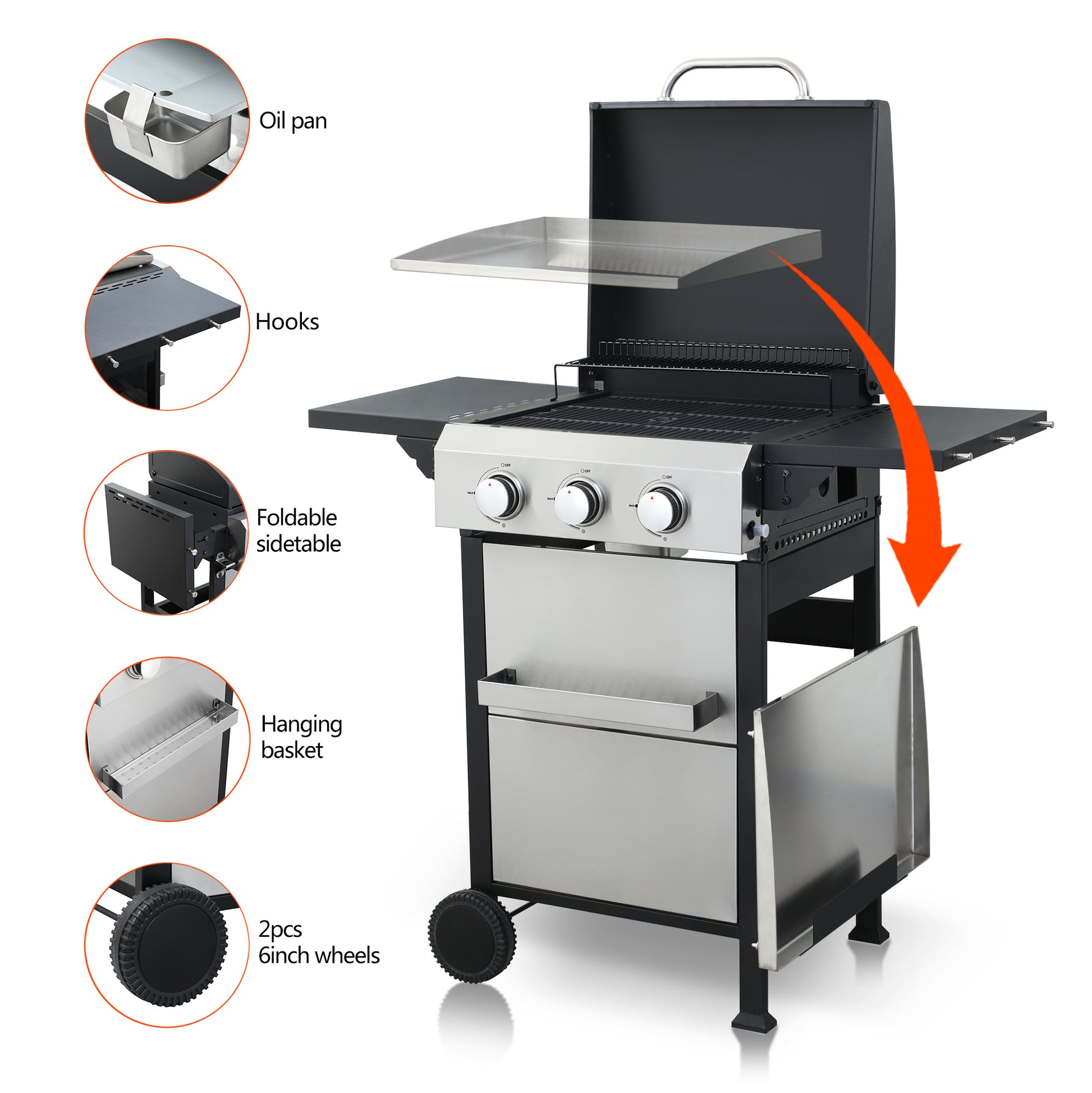 Stainless steel gas grill with three burners foldable side tables and a hanging basket