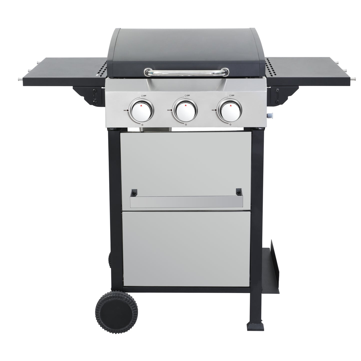 Stainless steel gas grill with three burners and side shelves perfect for outdoor cooking