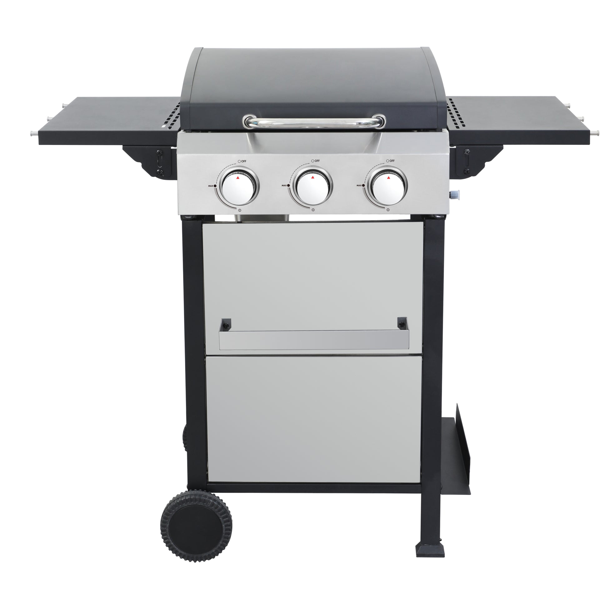Stainless steel gas grill with three burners and side shelves perfect for outdoor cooking