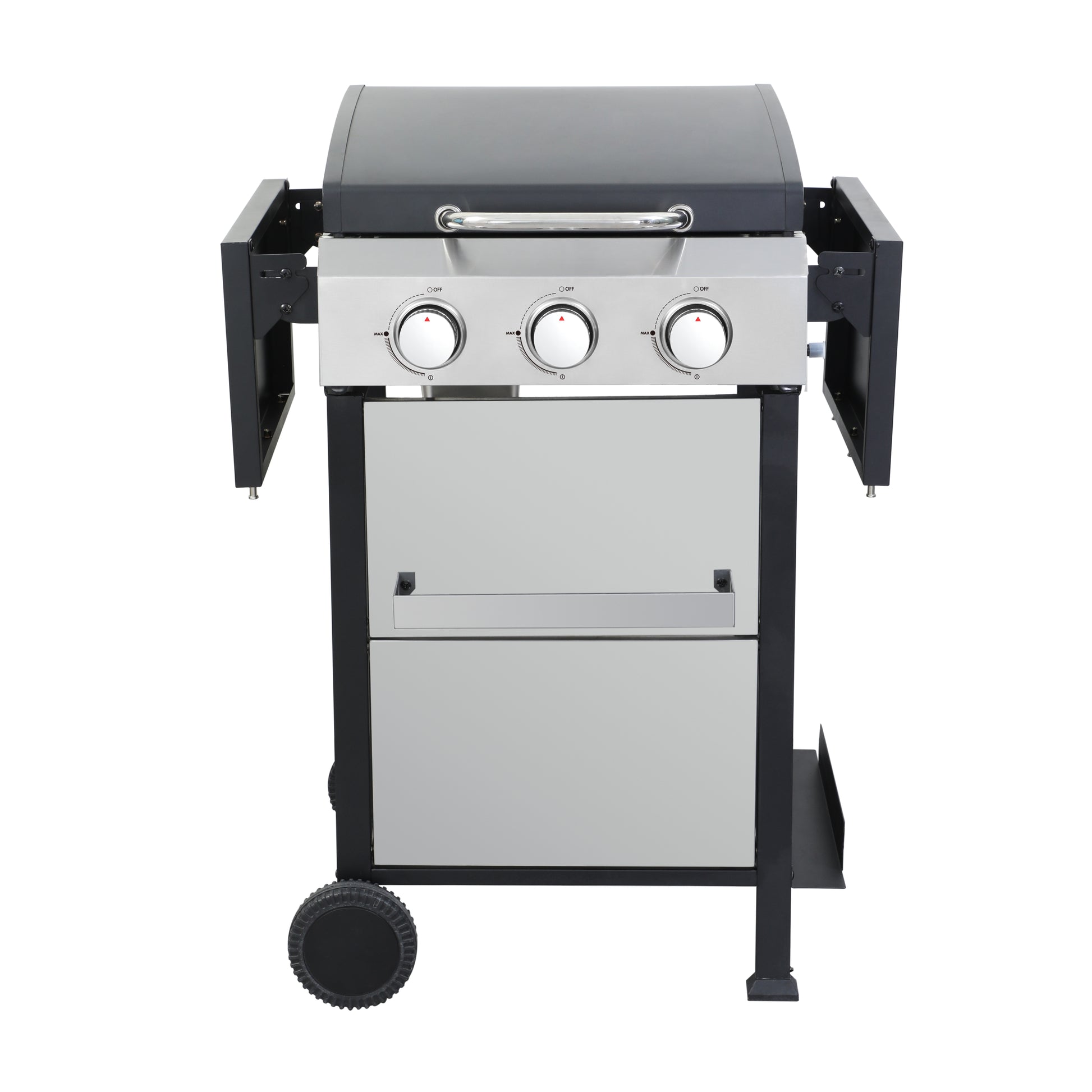 Black and silver threeburner gas grill with chrome handle and wheels
