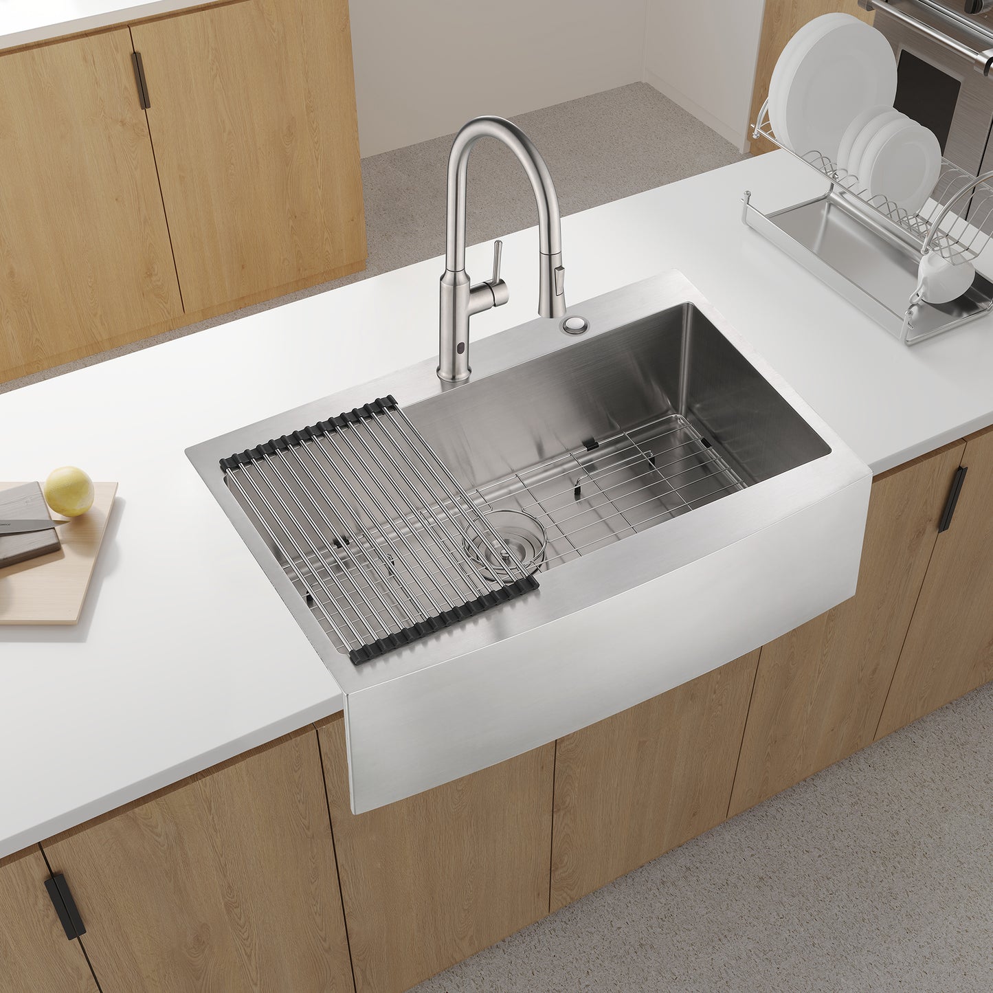 Farmhouse kitchen sink brushed stainless steel includes rollup drying rack and chrome faucet