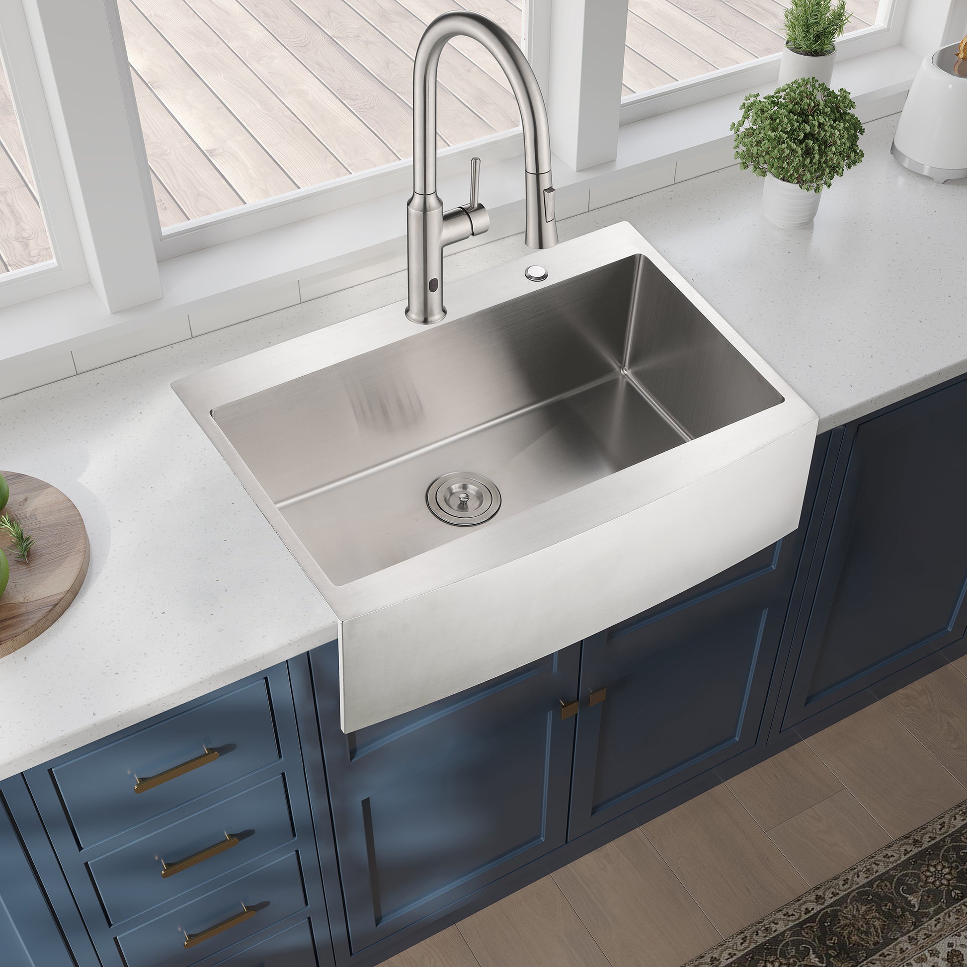 Farmhouse kitchen sink stainless steel with gooseneck faucet and white countertop