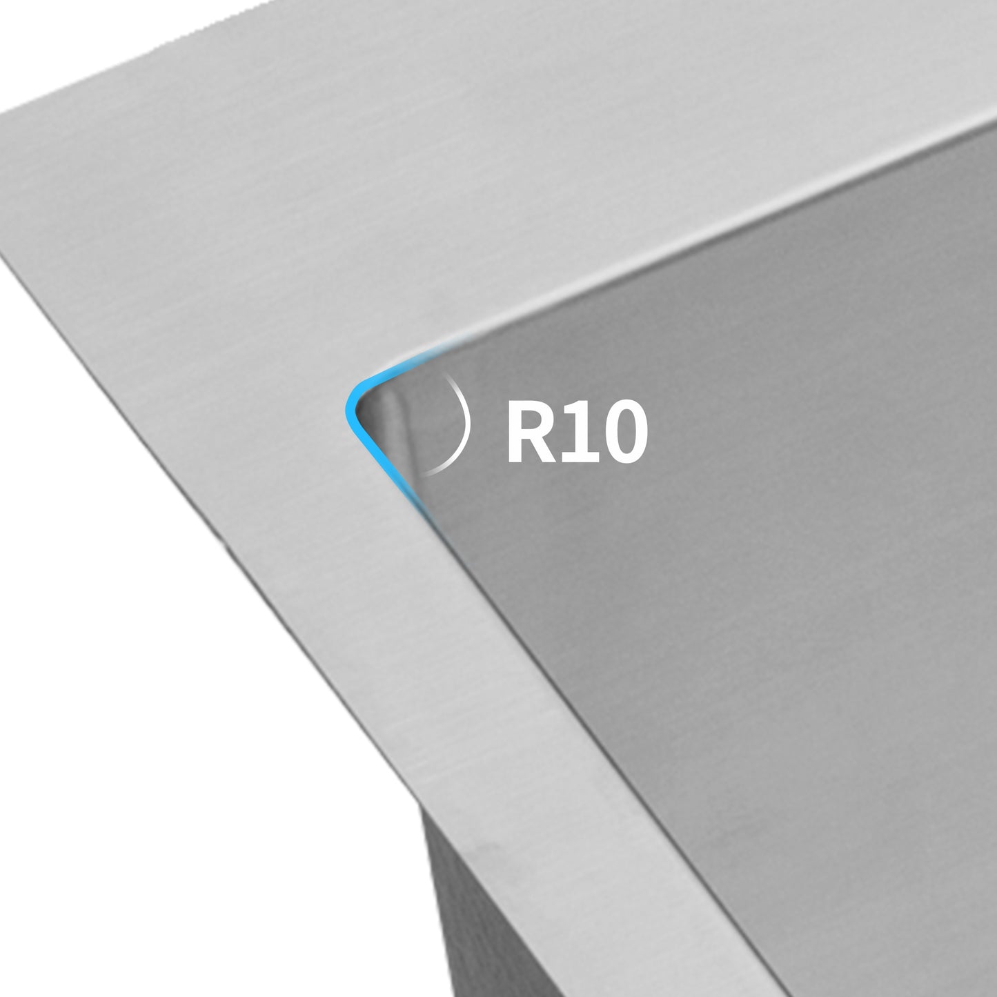 Brushed stainless steel sink corner with R radius detail