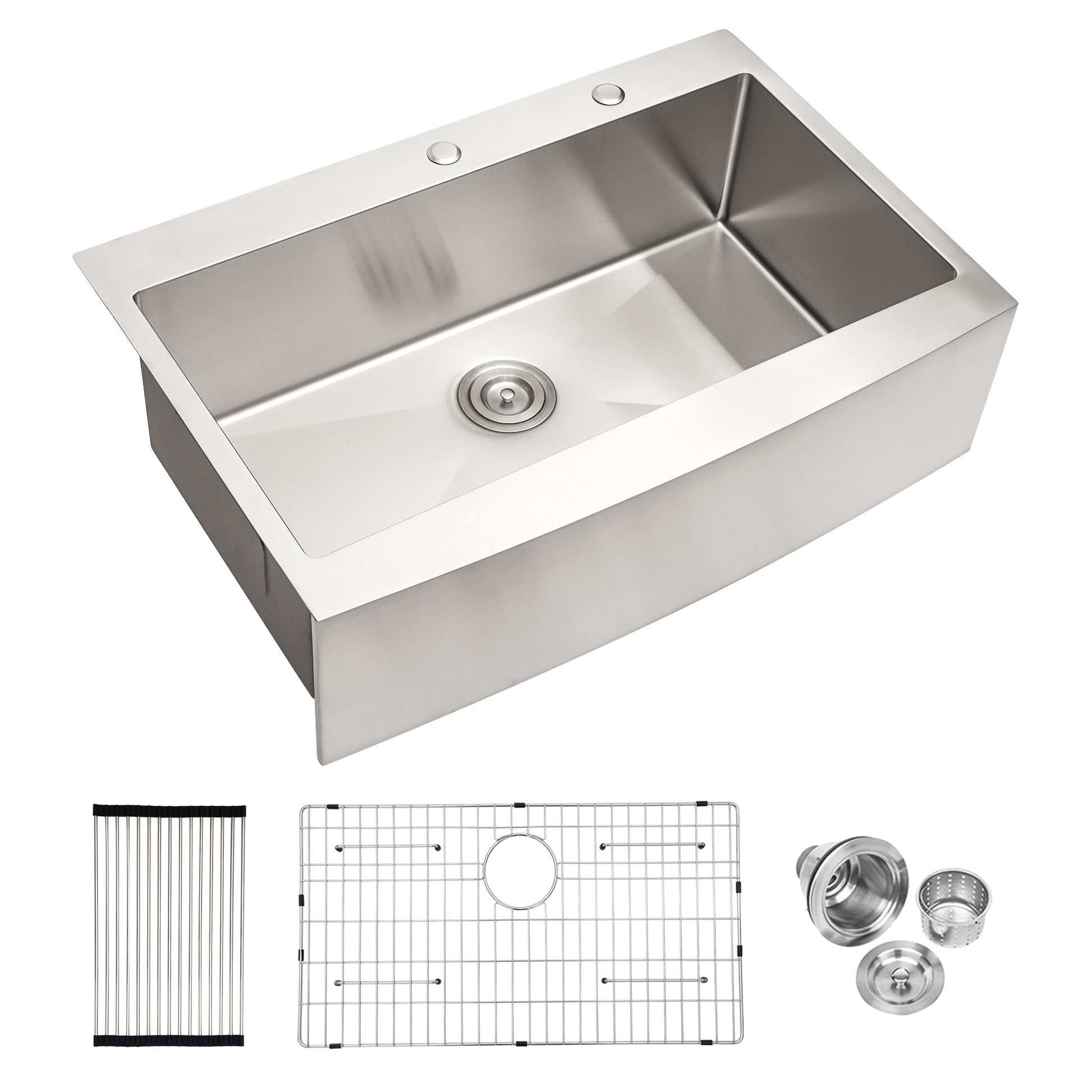 Brushed stainless steel farmhouse sink with single bowl and integrated faucet holes ideal for modern kitchens