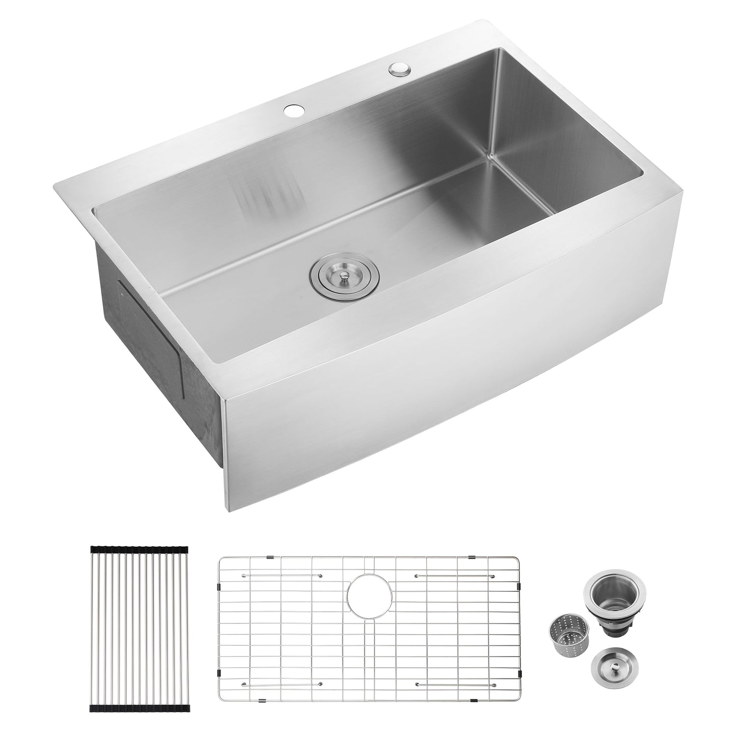 Single basin stainless steel farmhouse sink with apron front faucet holes