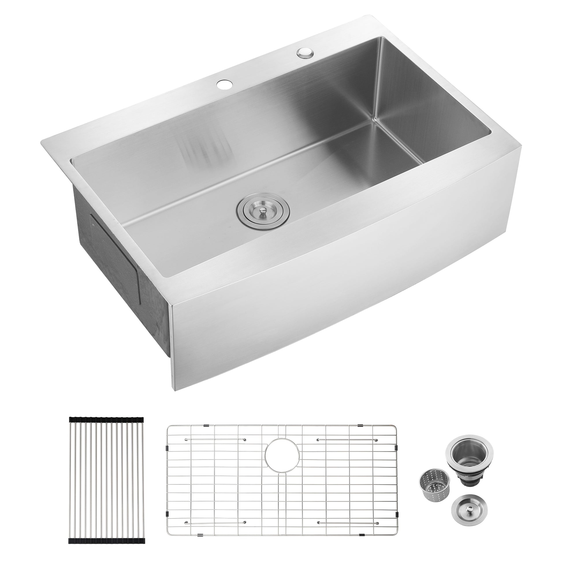 Single basin stainless steel farmhouse sink with apron front faucet holes