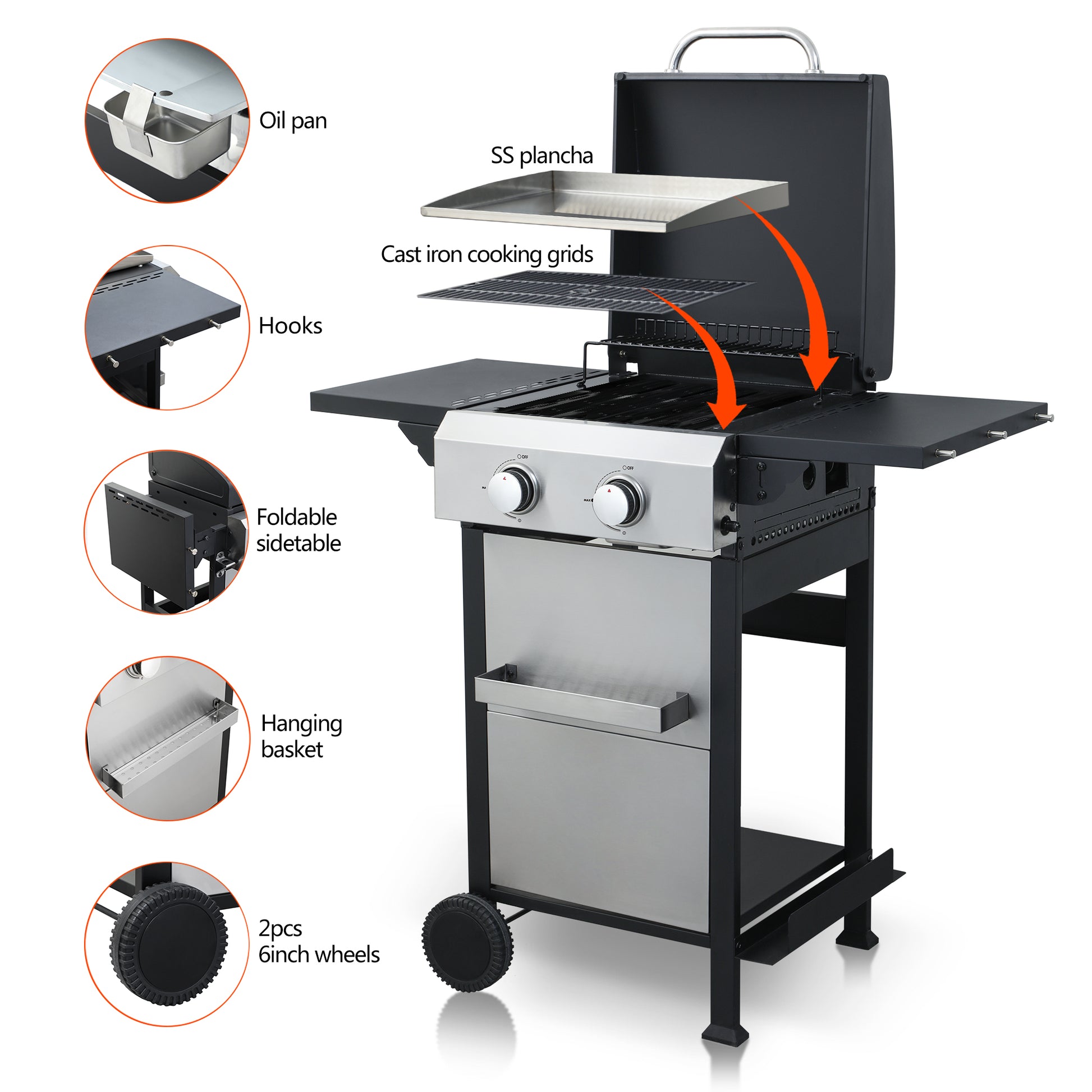 Stainless steel gas grill with SS plancia and cast iron cooking grids