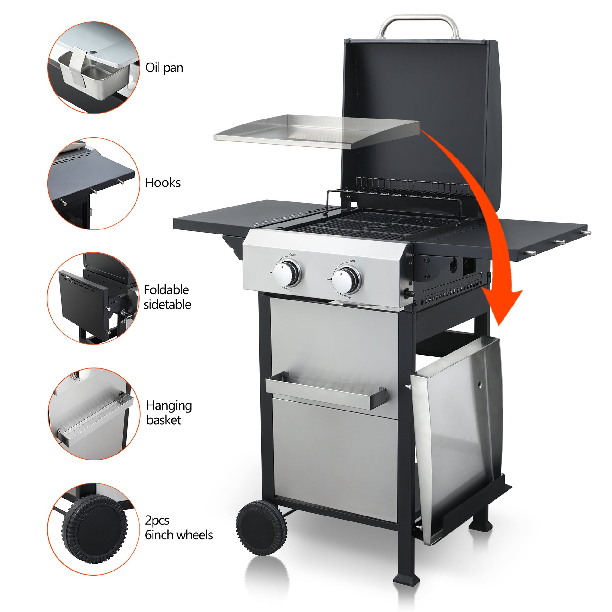Stainless steel gas grill with two burners foldable side table and hanging basket for outdoor cooking