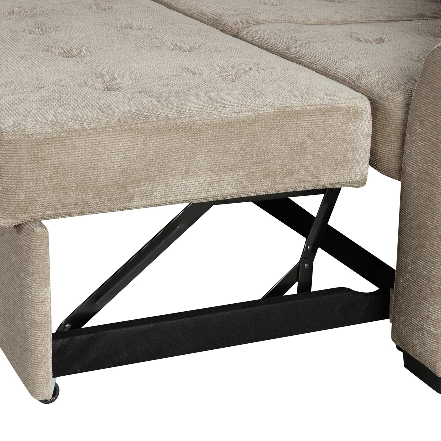 Beige linen upholstered sofa chaise with tufted seat and hidden storage mechanism