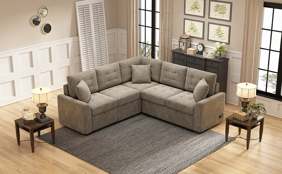Tufted taupe fabric sectional sofa with storage and accent pillows in living room setting