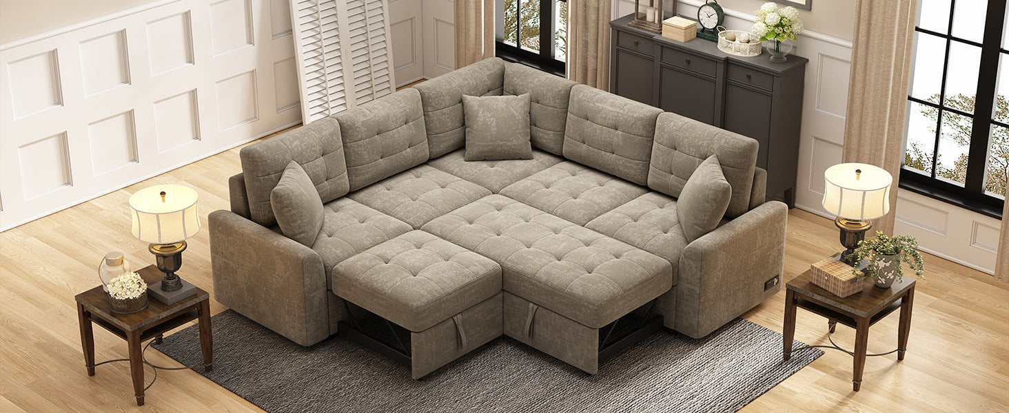Taupe tufted sectional sofa with pullout bed functionality and plush throw pillows