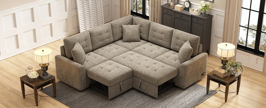 Taupe tufted sectional sofa with pullout bed functionality and plush throw pillows
