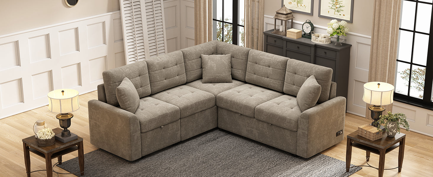 Plush beige sectional sofa with tufted cushions and storage perfect for living rooms