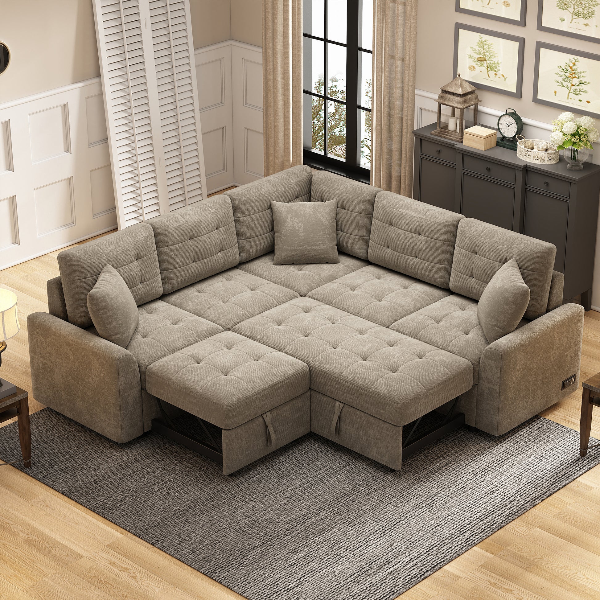 Tufted grey sectional sofa with multiple seating modules and storage ottoman