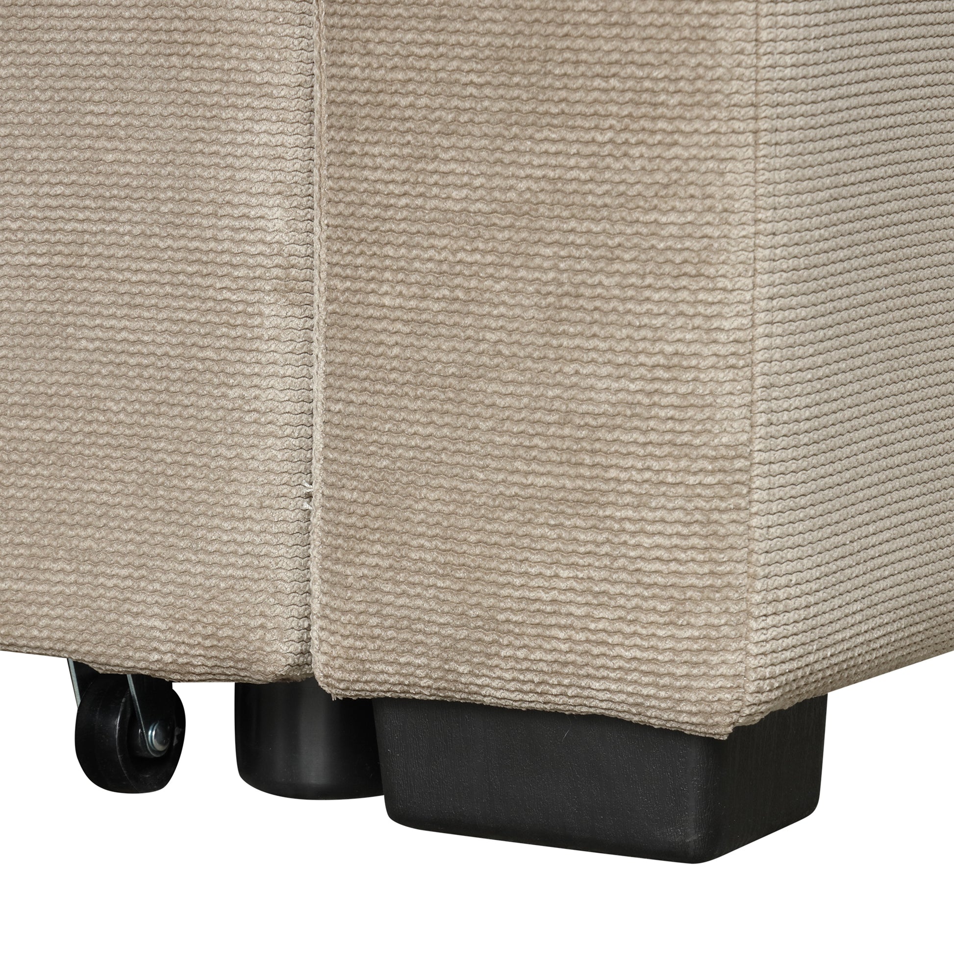 Beige textured fabric sofa base with black casters and square legs