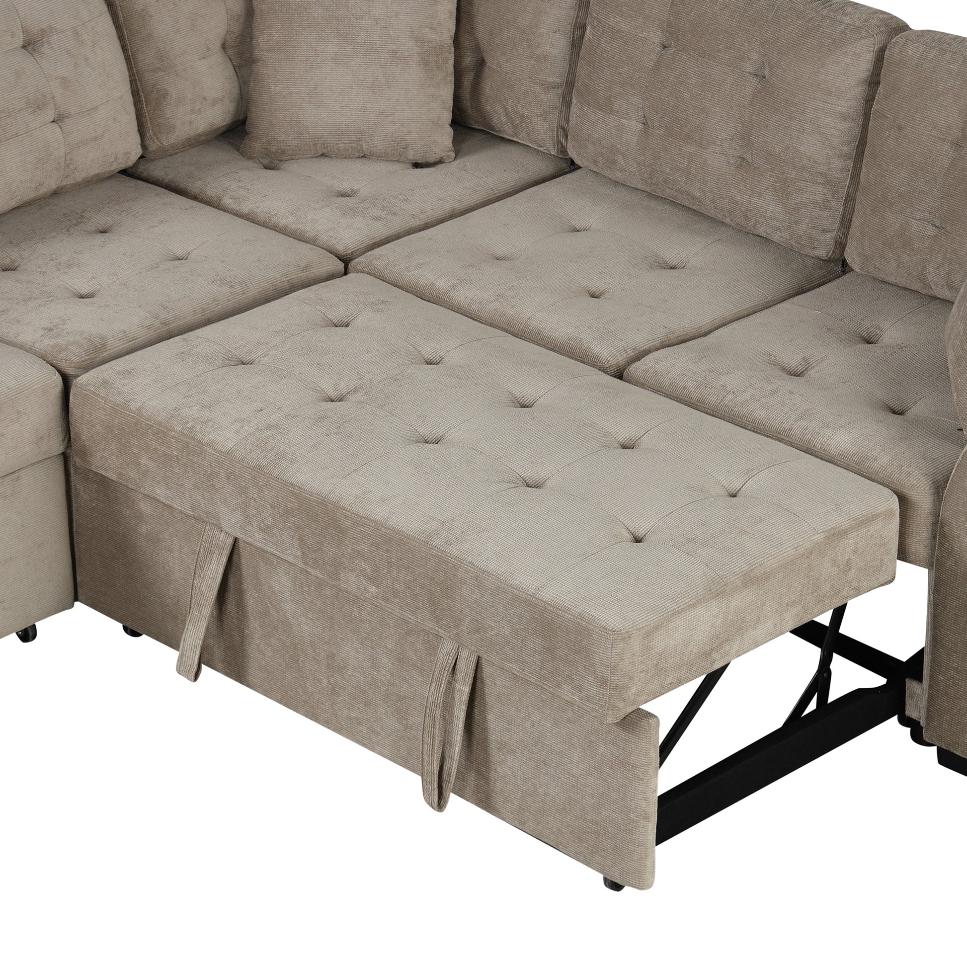 Beige sectional sofa with pullout bed and tufted cushions modern living room furniture