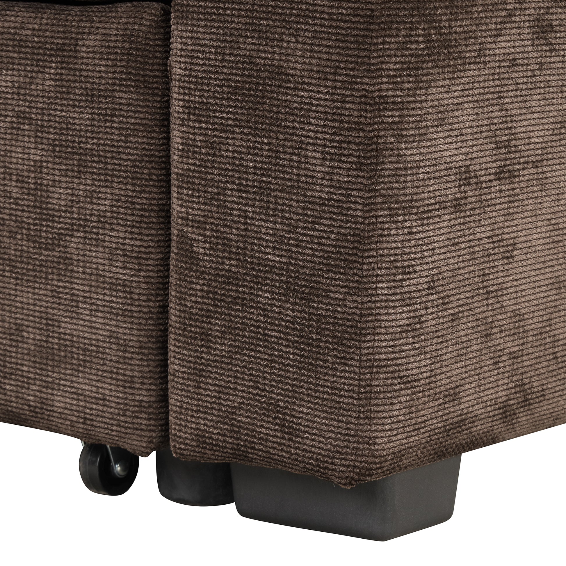 Textured brown corduroy sofa corner with hidden caster wheels and black legs
