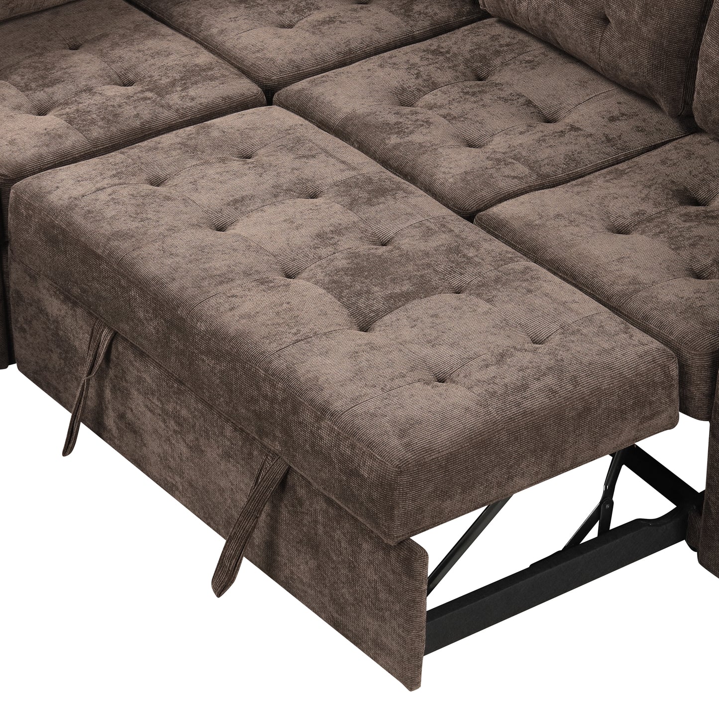 Brown fabric sectional sofa with pullout bed feature and tufted cushions