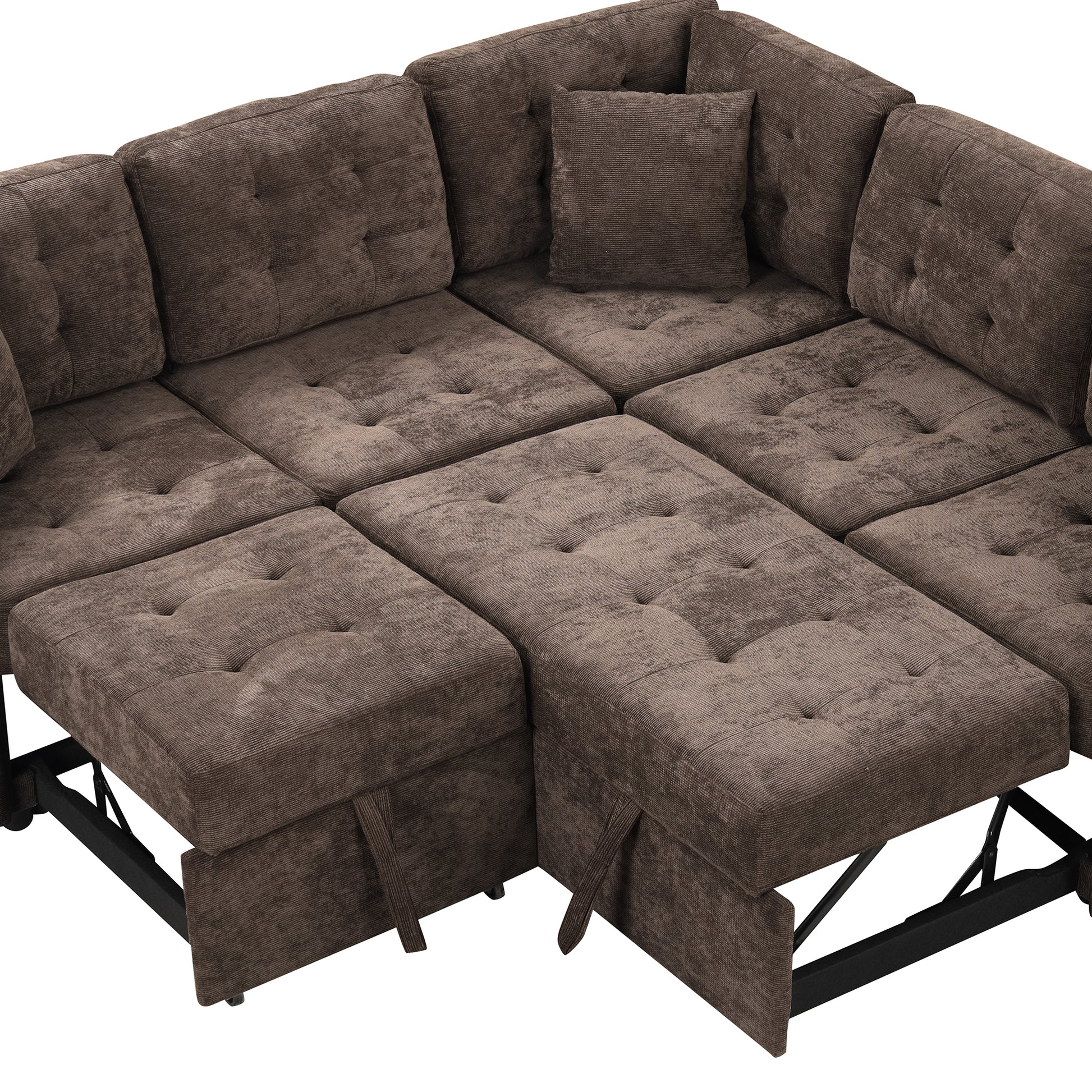 Tufted brown corduroy sectional sofa with pullout ottoman for comfortable living room seating